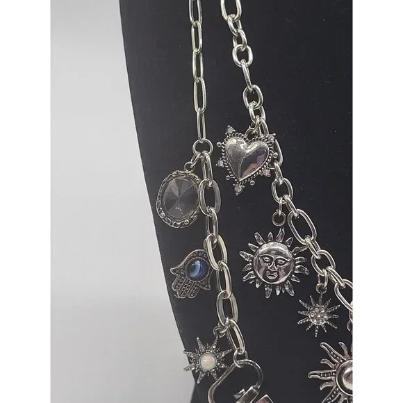 Silver Tone Charm Necklace Tarot Sun Evil Eye Hamsa Hand Cross Hearts Stars Goth - Picture 5 of 10